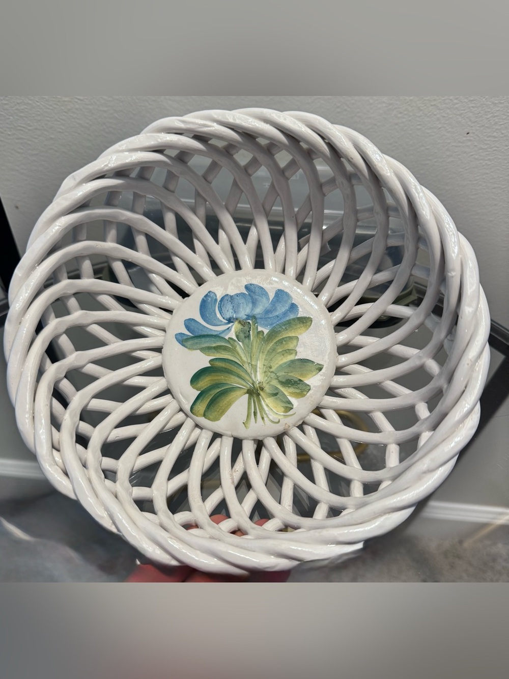 Vintage Capodimonte ceramic woven bowl with hand painted blue & green medallion